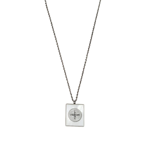 Γυναικείο Ατσάλινο Κολιέ Με Τετράγωνο Μοτιφ Απο Φίλντισι Και Σταυρό - Women's Steel Necklace With Square Motif Made of Mother-of-Pearl and Cross